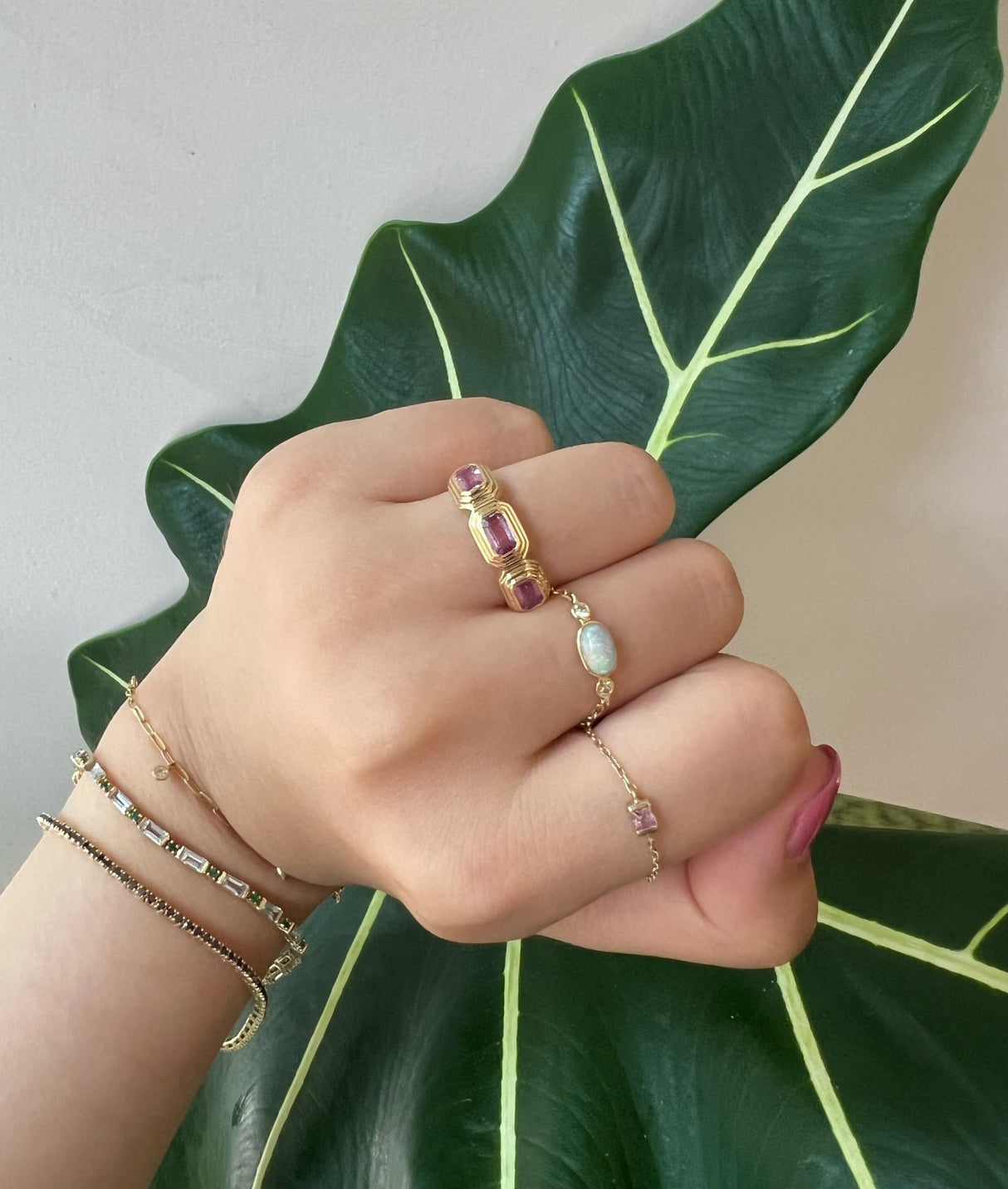 Pink Sapphire Baxter Ring 18k gold Stackable ring on model