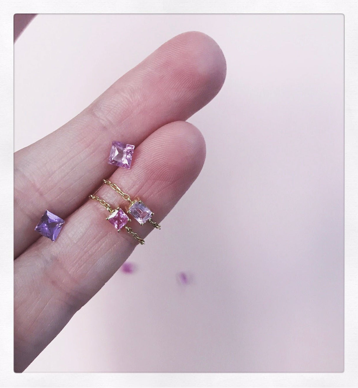 Pink Sapphire Chain Ring 14k gold stackable ring on model 2