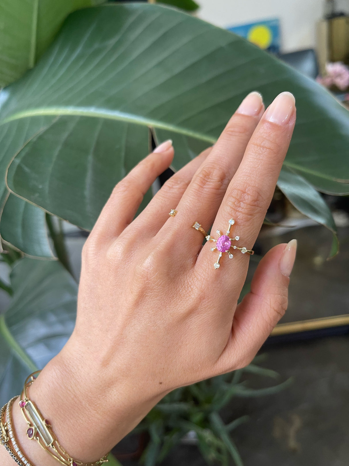 Pink Sapphire & Diamond Starburst Ring 18k gold engagement ring on model