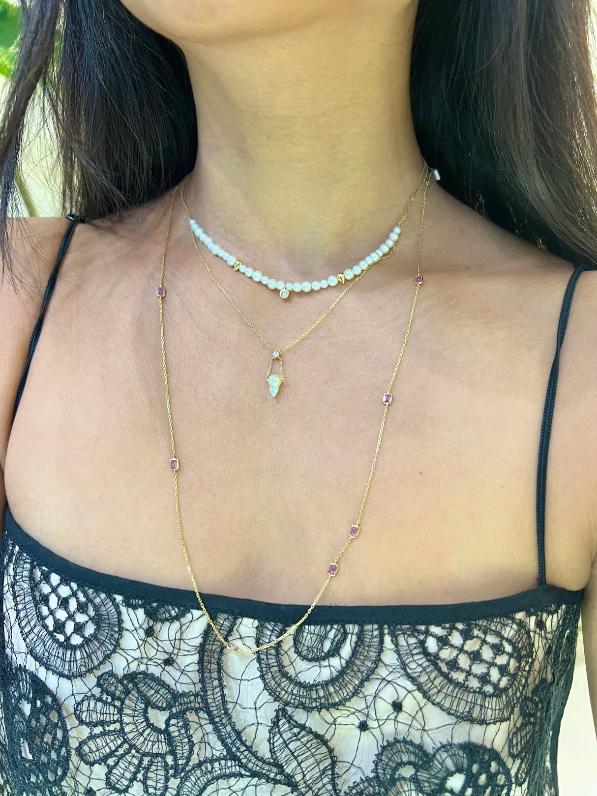 Pink Sapphire Dot Necklace 18k gold handmade fine jewelry on model 2