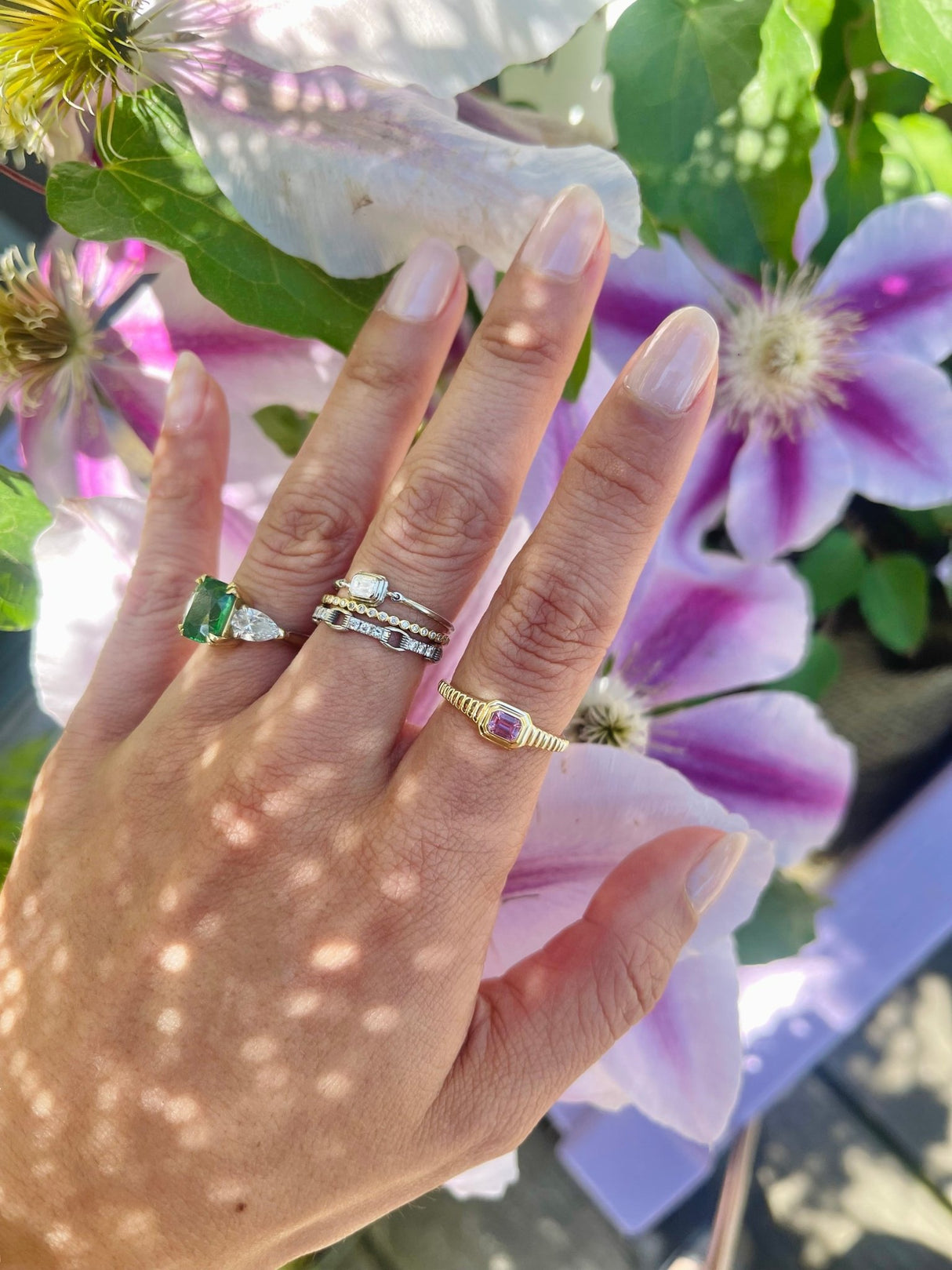 Pink Sapphire Frame Ring 18k gold Stackable ring on model