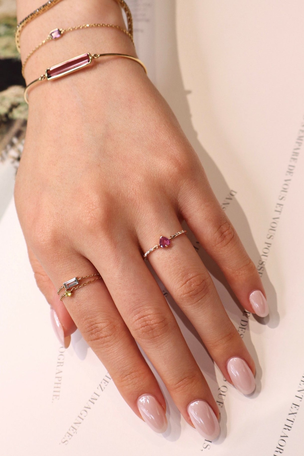 Pink Sapphire Heart Petite Circle Diamond Ring 14k gold stackable design on model