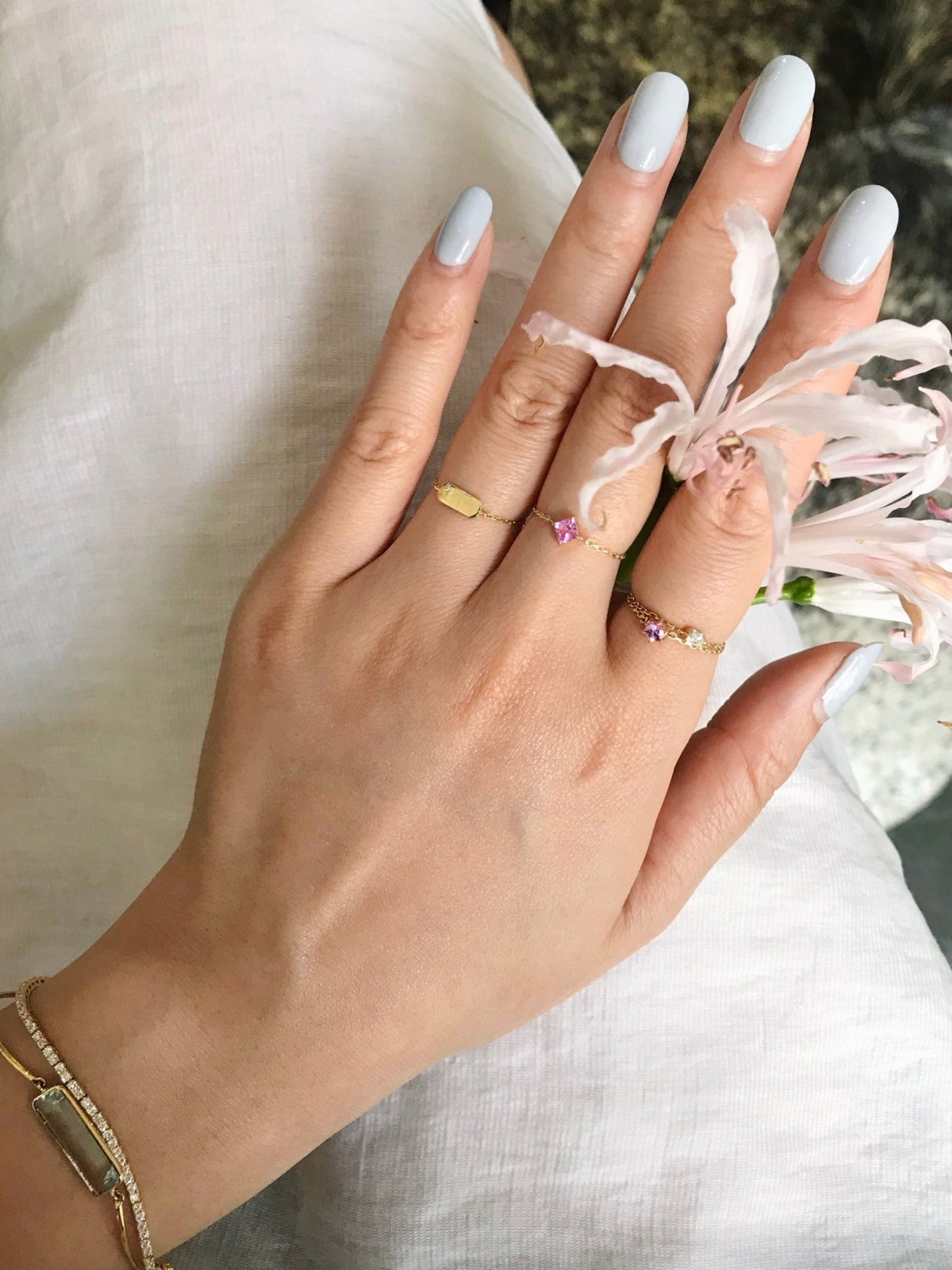 Pink Sapphire Princess Chain Ring 14k gold Stackable ring on model