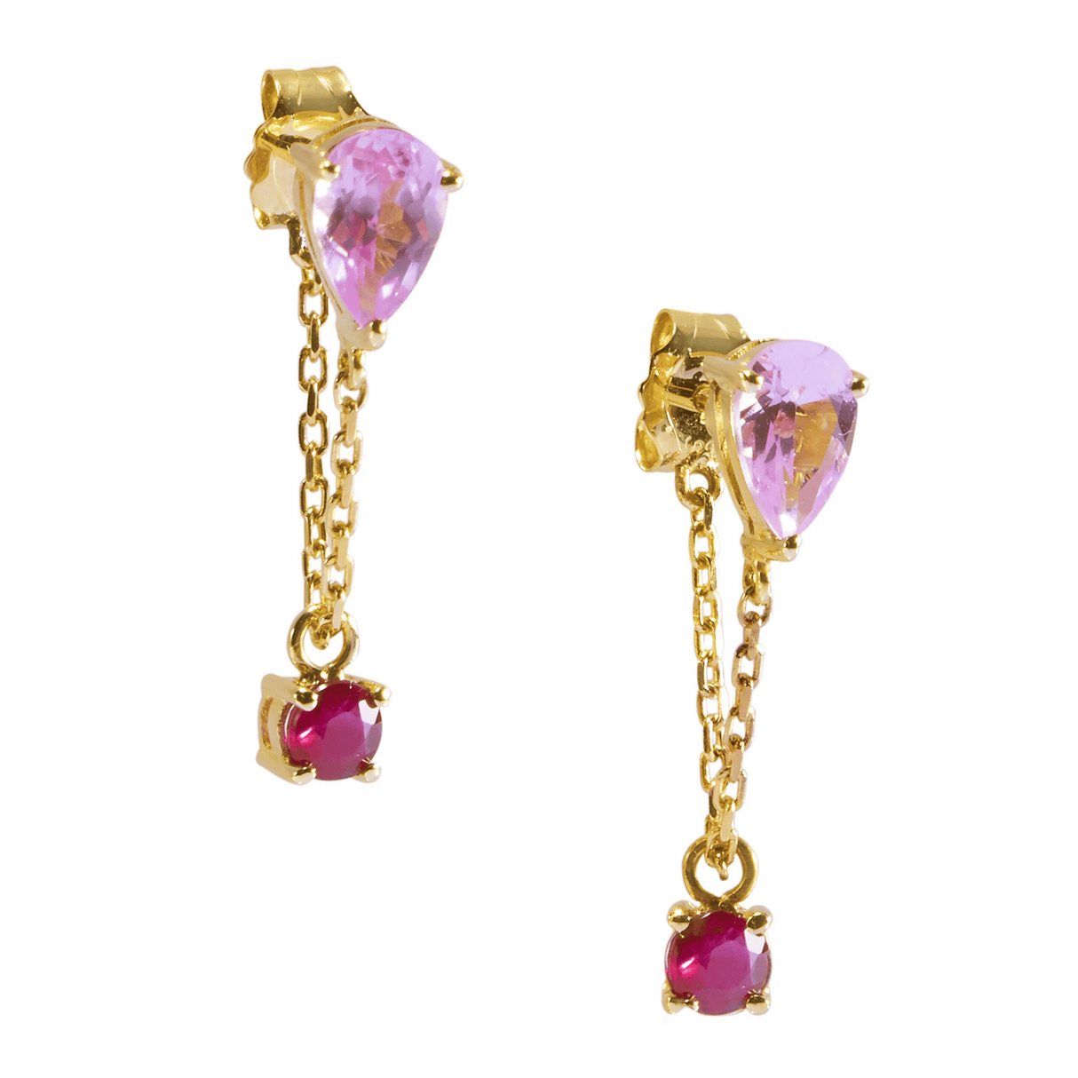 Pink_Sapphire_Ruby_Chain_Earrings_18K_Gold_Handmade_Fine_Jewelry