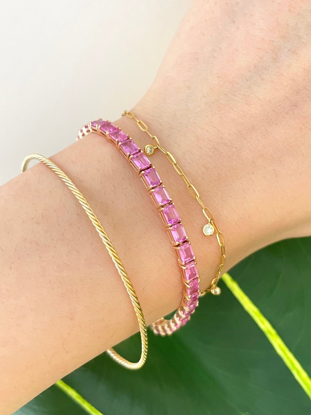 Pink Sapphire Supreme Tennis Bracelet 18k gold stackable design on model