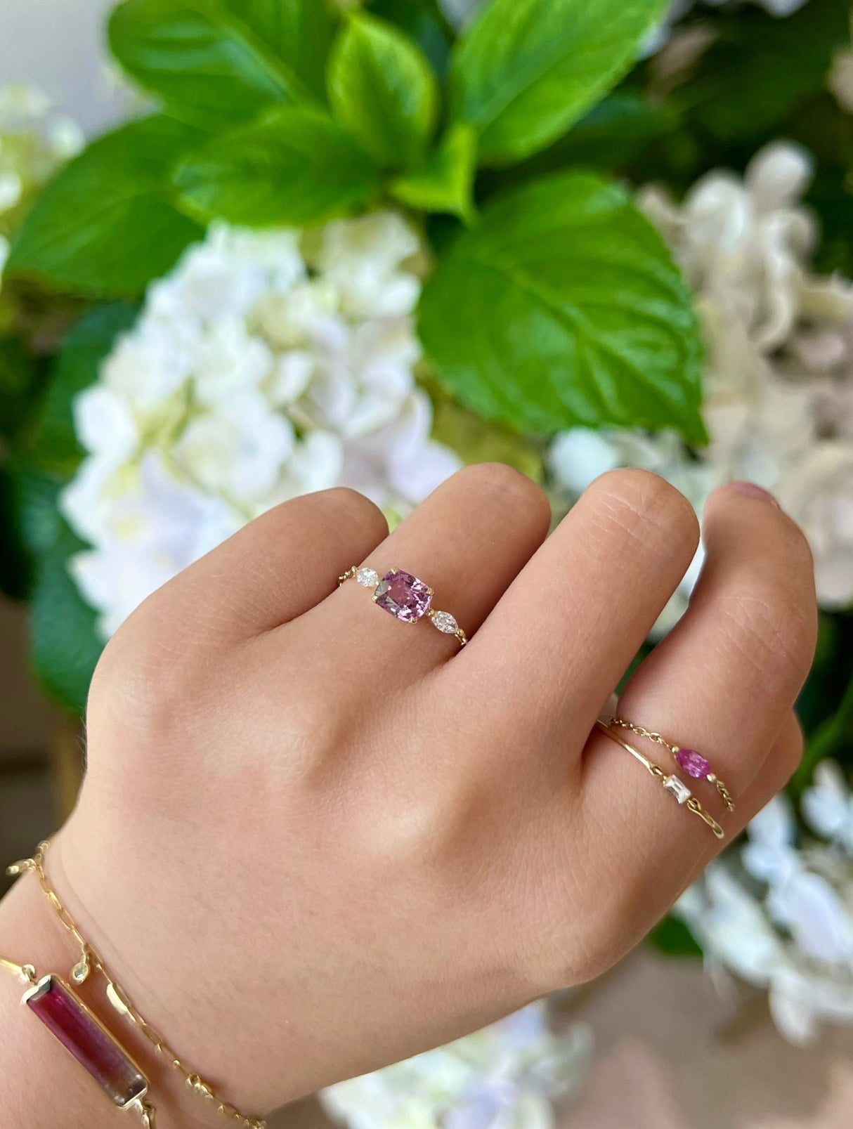 Pink Spinel & Diamond Dream Weaver Chain Ring 18k gold Stackable ring on model