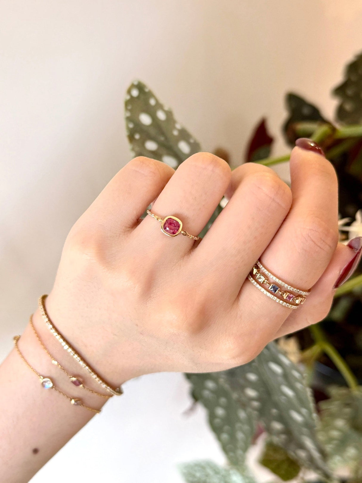 Pink Spinel Petite Circle Diamond Ring 18k gold stackable ring on model 2