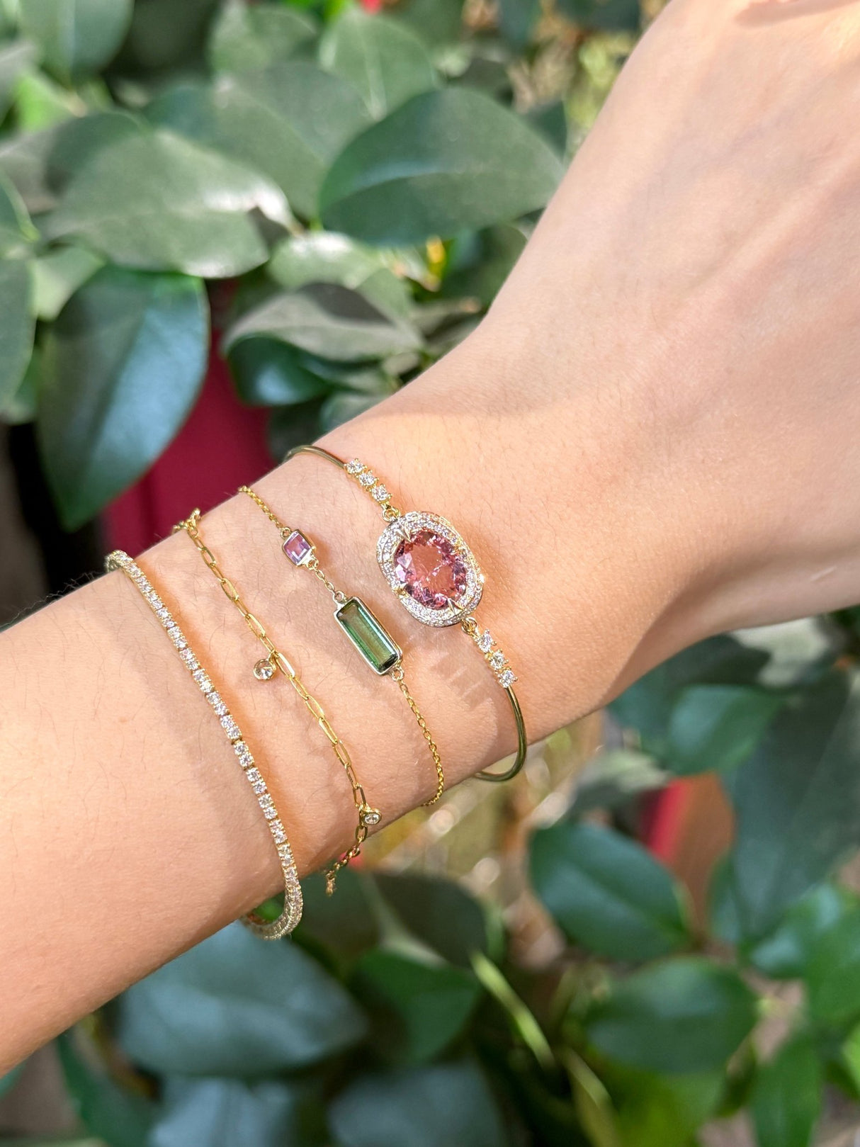 Pink Tourmaline Aurora Bangle 18k gold Stackable design on model