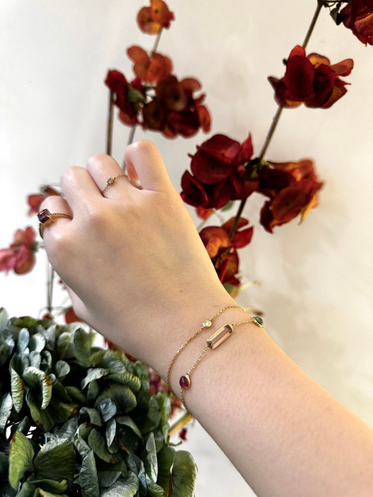 Pink Tourmaline Candy Bracelet 18k gold stackable design on model