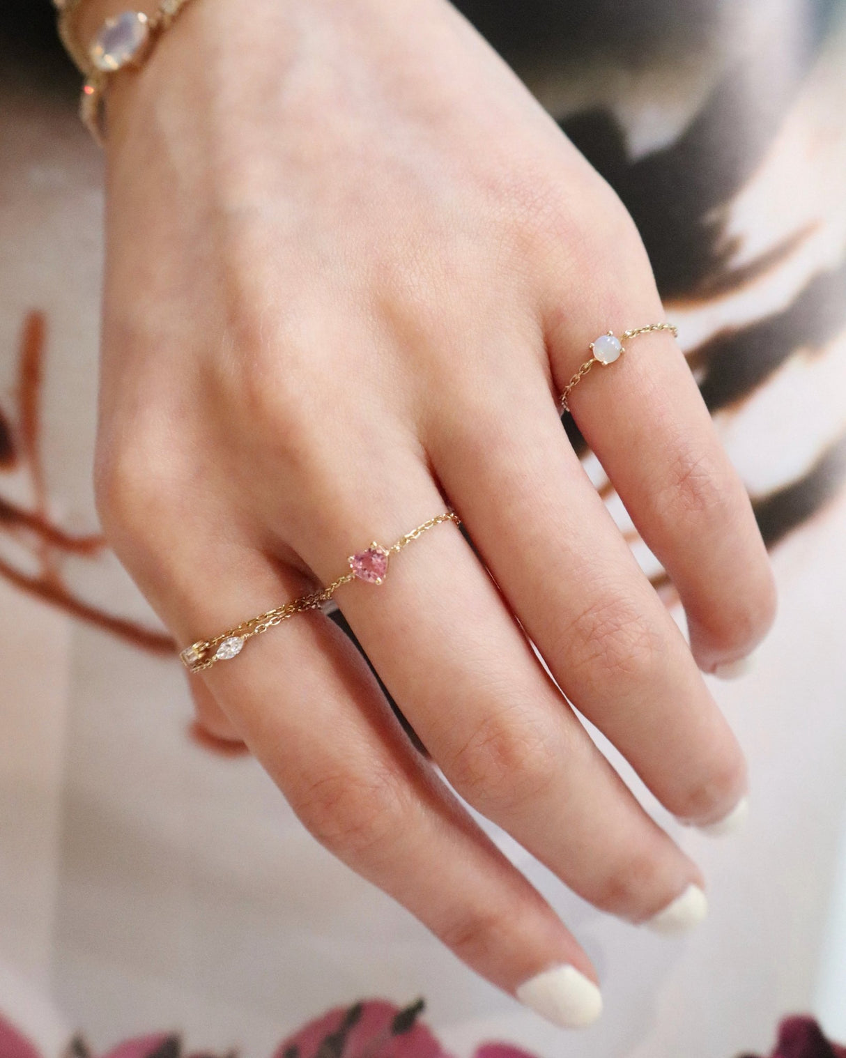 Pink Tourmaline Heart Chain Ring 18K Stackable ring on model