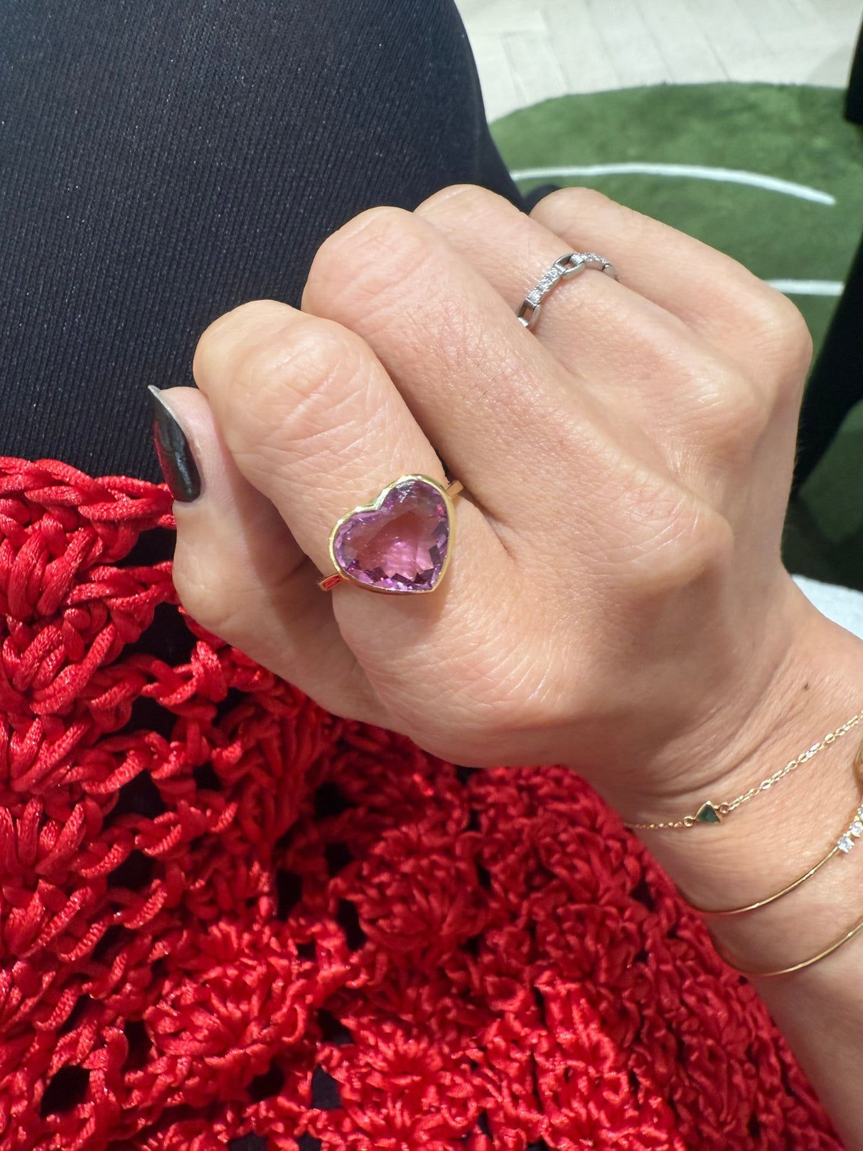 Pink_Tourmaline_Heart_Ring_18K_gold_stackable_ring on model