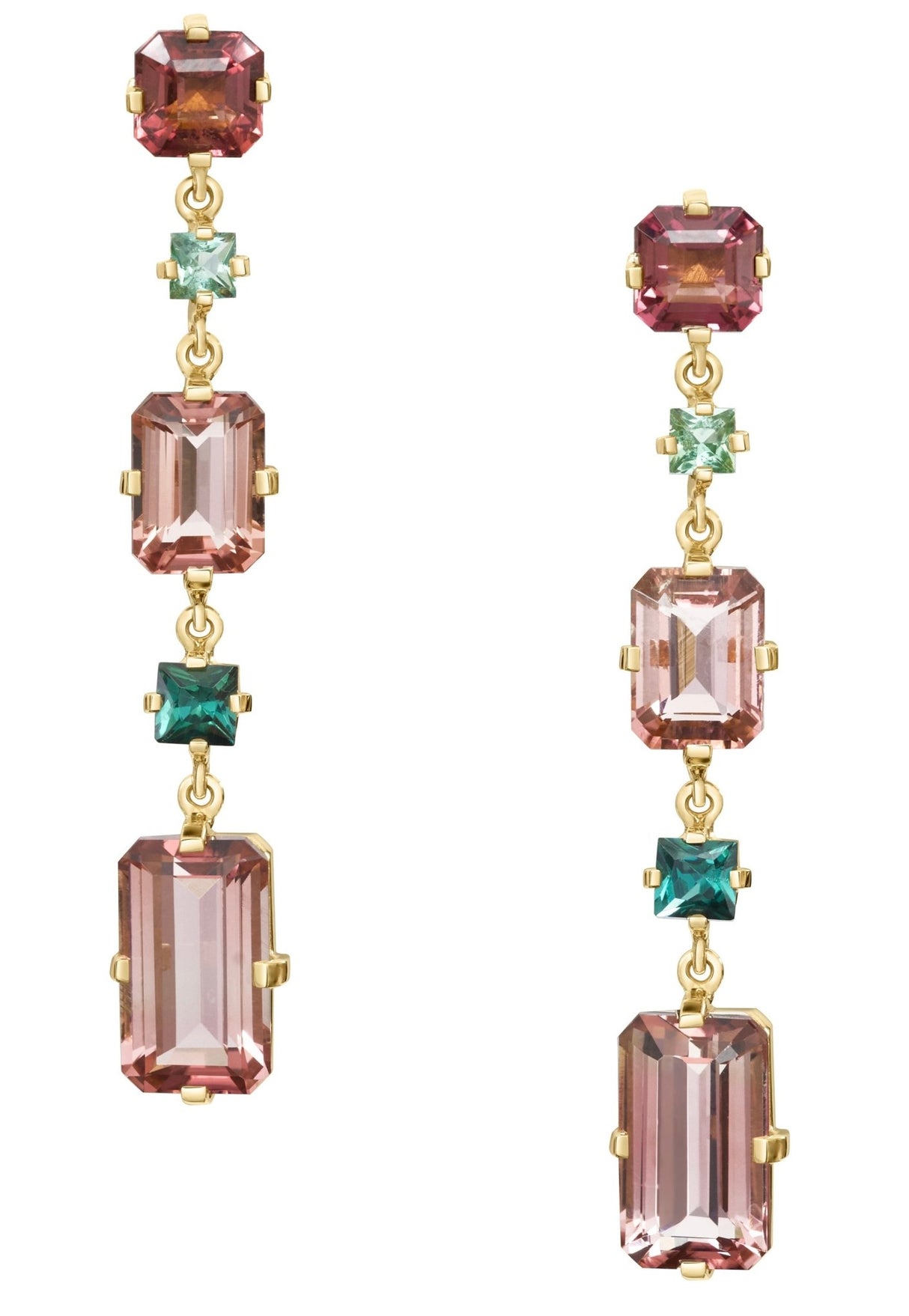 Pink Tourmaline & Indicolite Cascade Bar Earrings 18k gold Handmade fine jewelry.