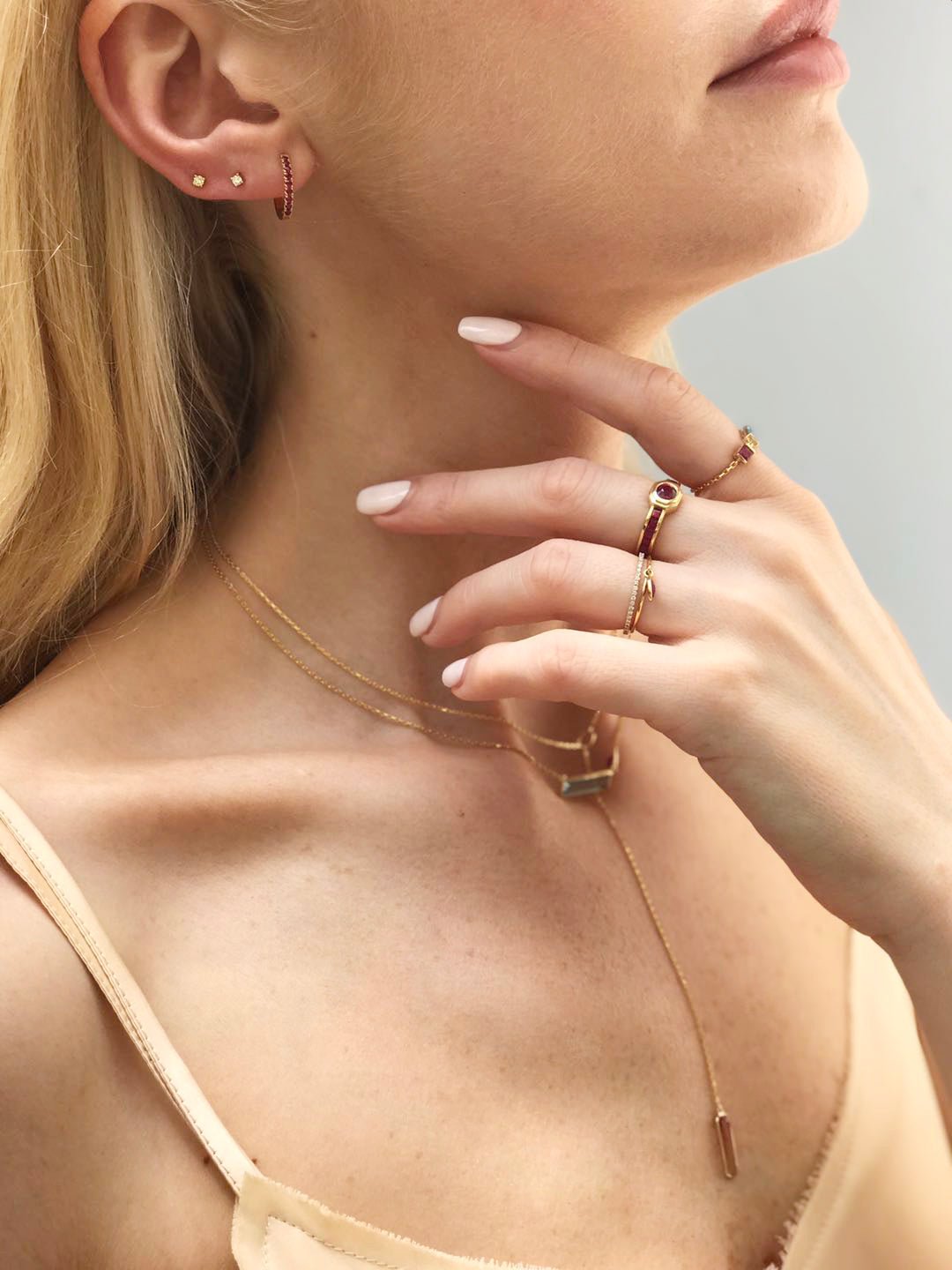 Pink Tourmaline Lariat Bar Necklace 18k gold handmade fine jewelry on model