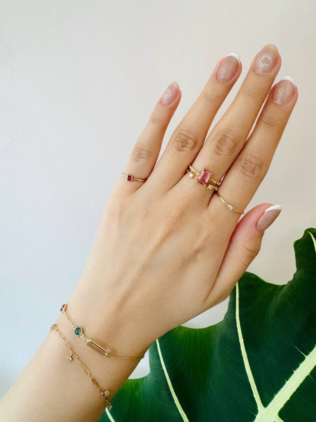 Pink Tourmaline Petite Circle Diamond Ring 18k gold stackable ring on model 3