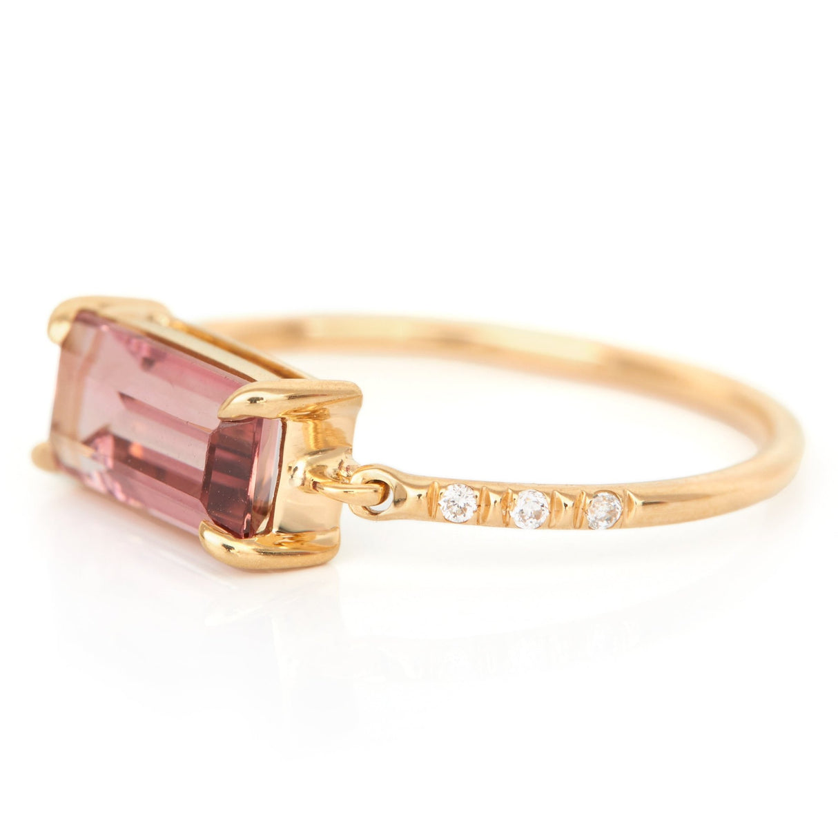 Pink Tourmaline Petite Circle Diamond Ring 18k gold stackable ring side view