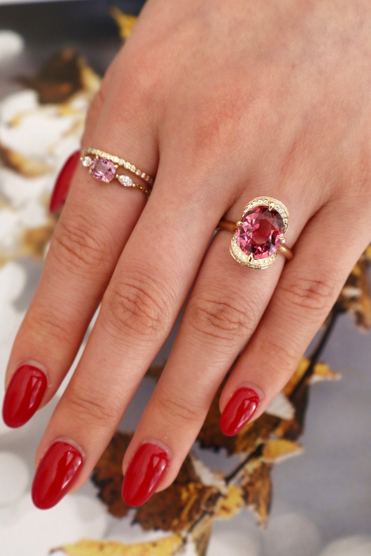 Pink tourmaline Aurora Supreme Ring 18k gold engagement ring on model