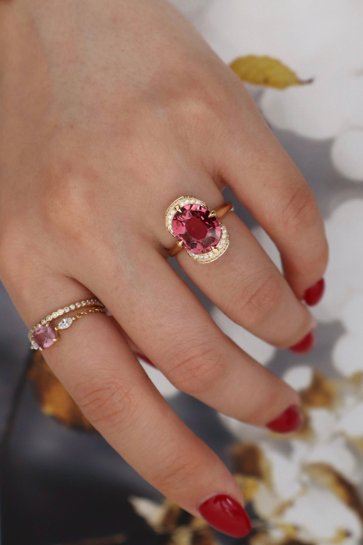 Pink tourmaline Aurora Supreme Ring 18k gold engagement ring on model 1