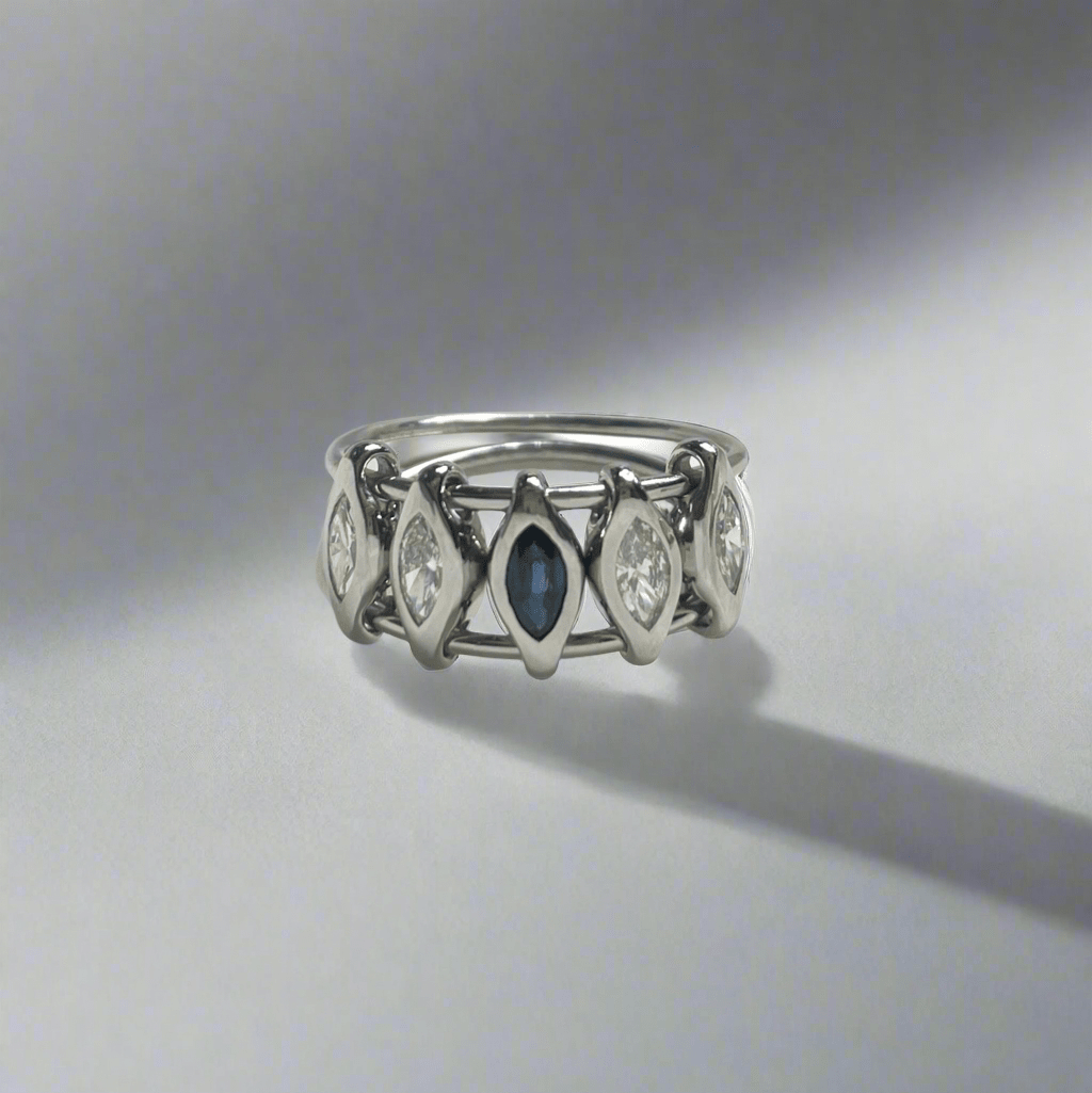 Platinum Diamond & Sapphire Marquise Orbit Ring PT900 Stackable ring