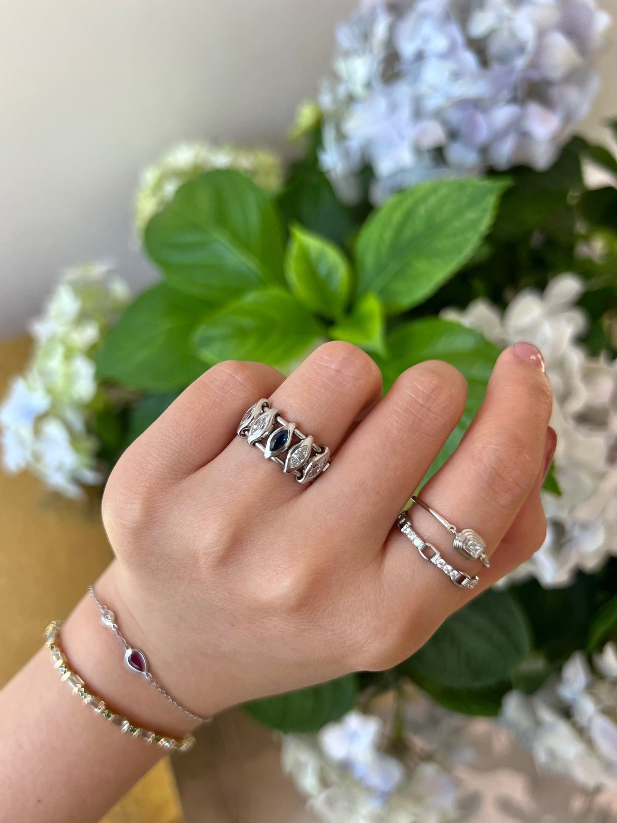 Platinum Diamond & Sapphire Marquise Orbit Ring PT900 Stackable ring on model