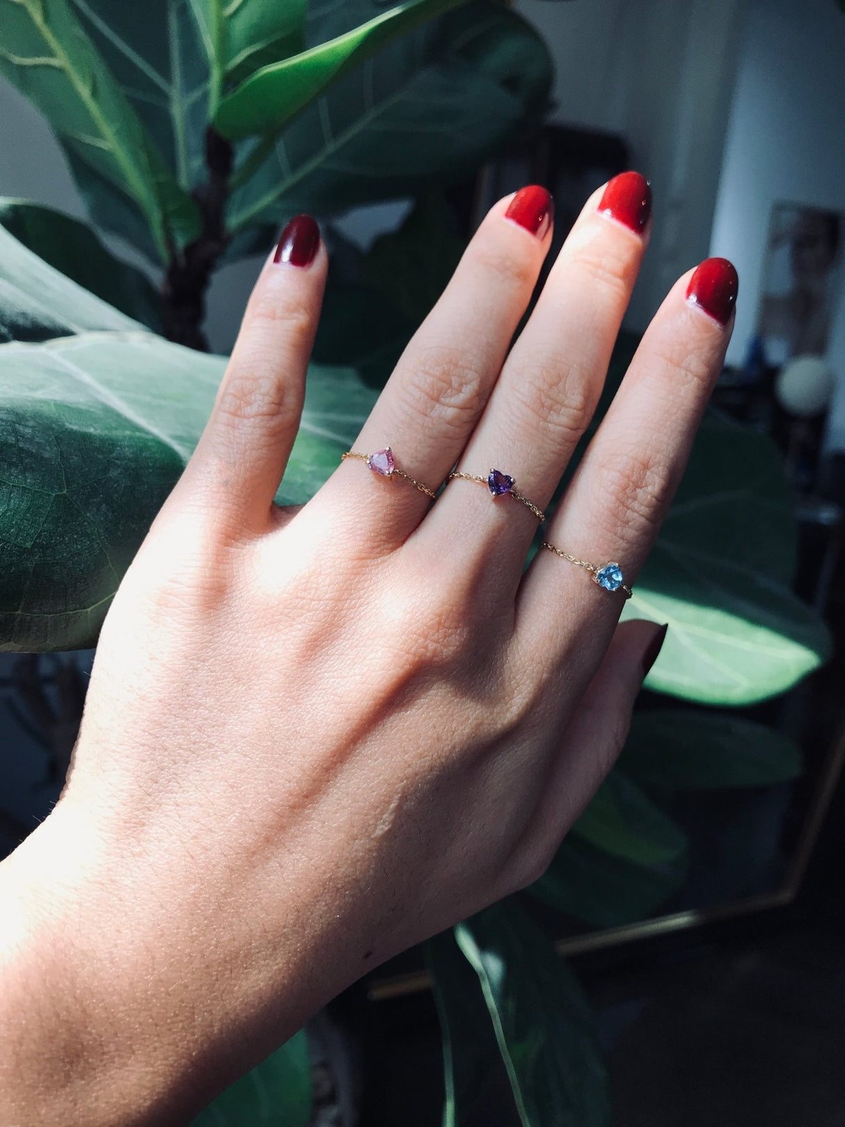 Purple Amethyst Heart Chain Ring 14k gold Stackable ring on model