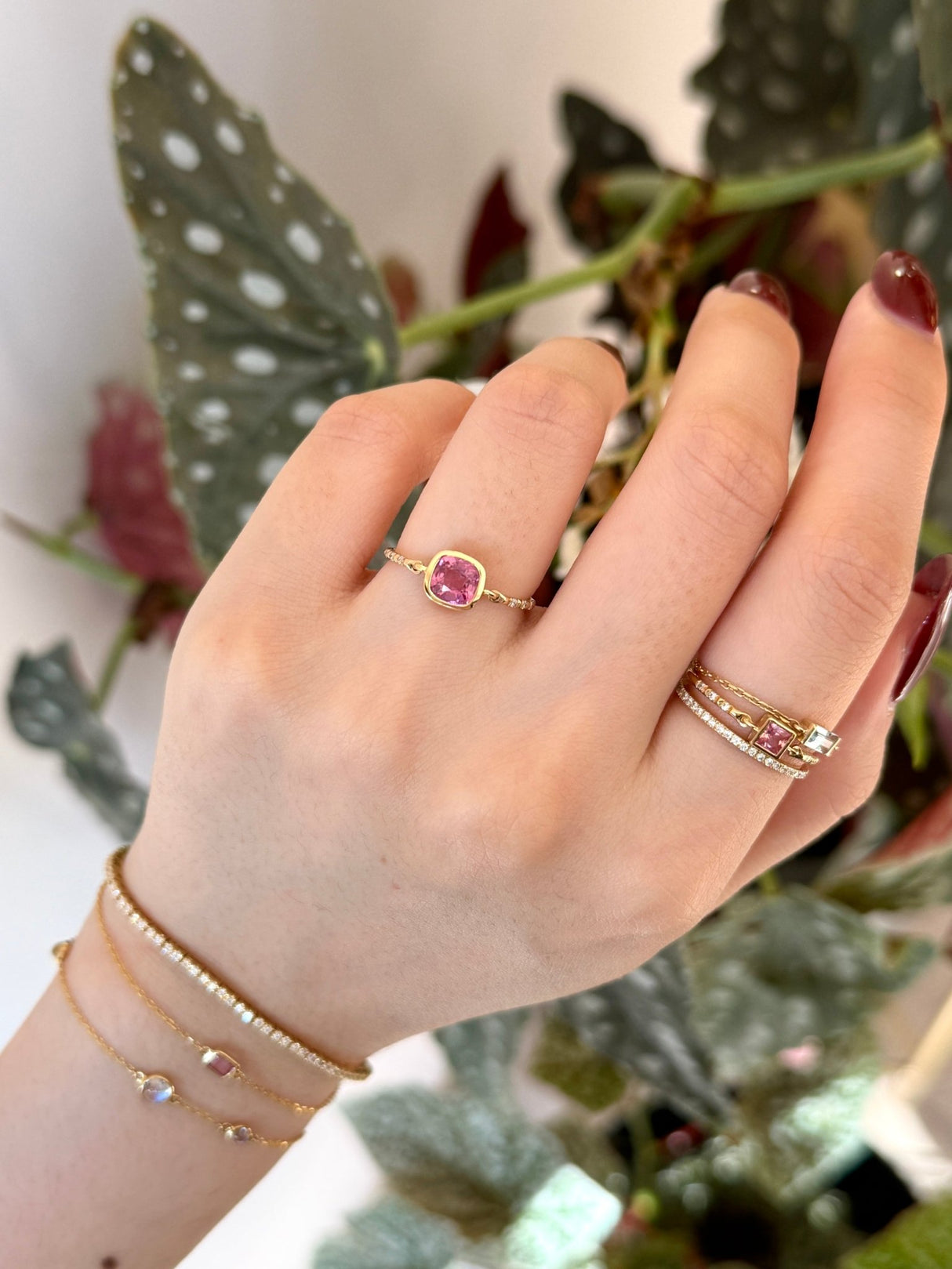 Purple Pink Spinel Petite Circle Diamond Ring 18k gold stackable ring on model