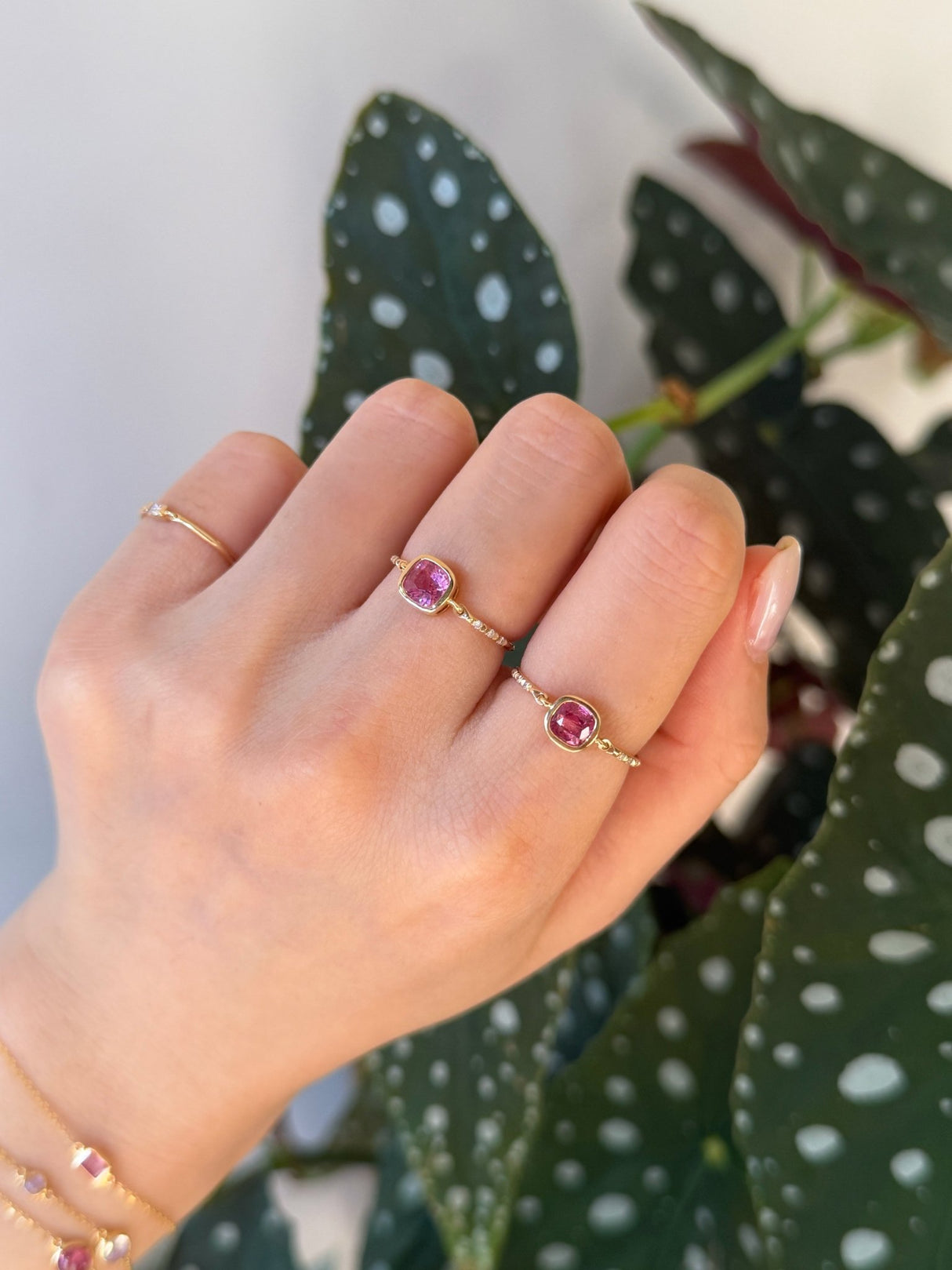 Purple Pink Spinel Petite Circle Diamond Ring 18k gold stackable ring on model 3