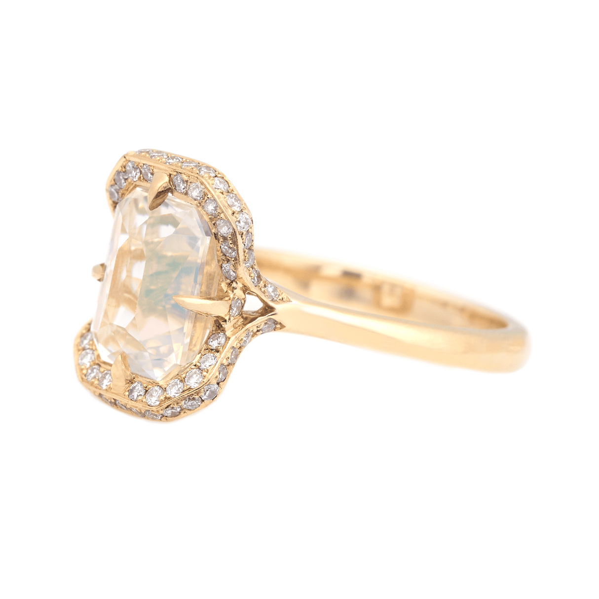Rainbow Moonstone Aurora Ring 18k gold engagement ring side view
