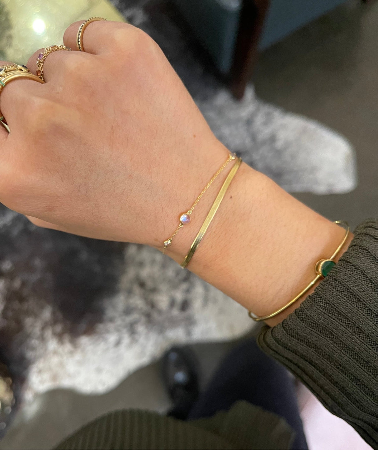 Rainbow Moonstone Bubble Bracelet 18k gold stackable design on model 2