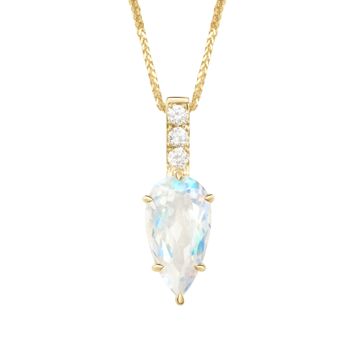 Rainbow Moonstone & Diamond Arrow Pendant Necklace 18K gold handmade fine jewelry