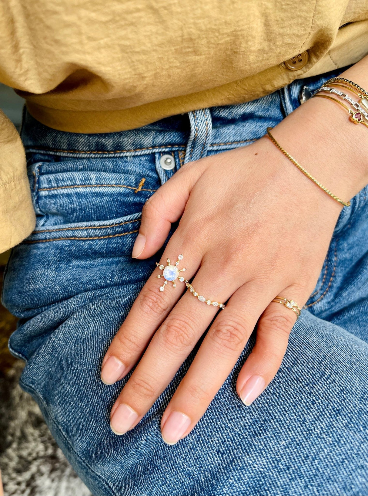 Rainbow Moonstone & Diamond Starburst Ring 18k gold stackable ring on model