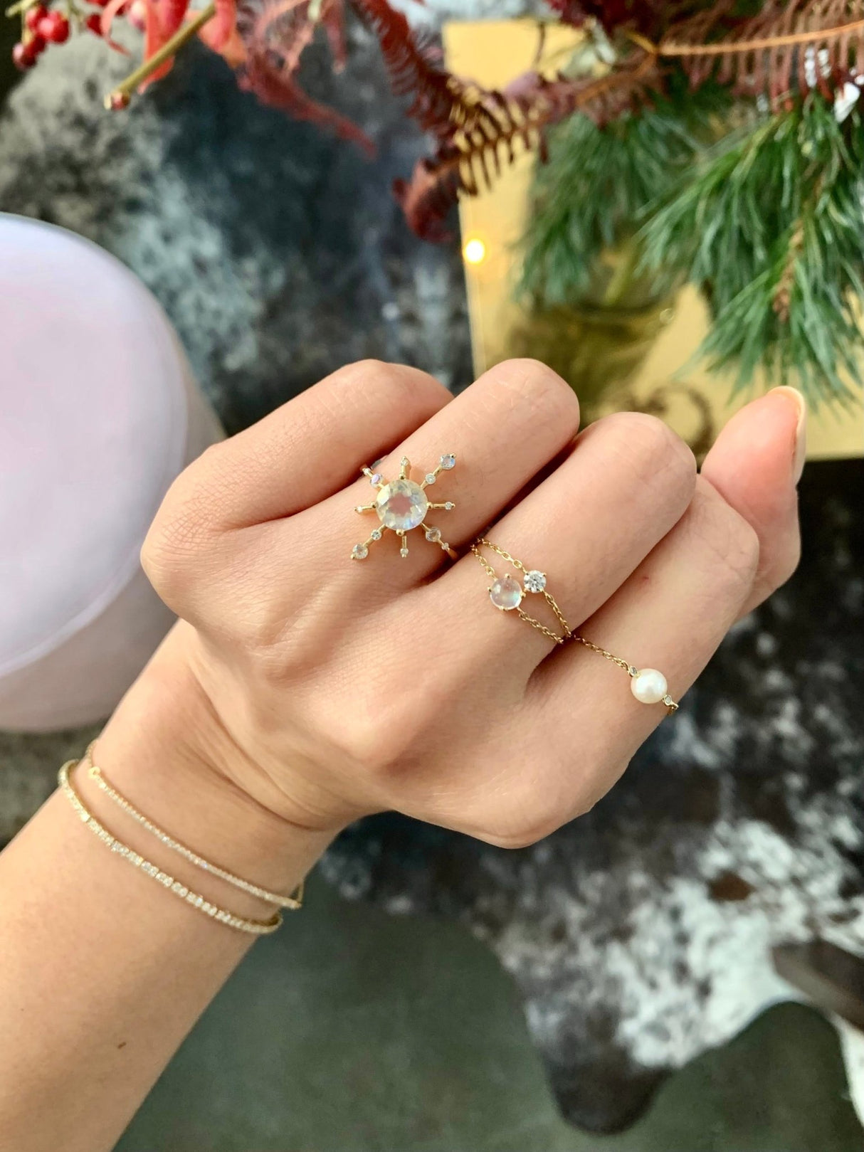 Rainbow Moonstone & Diamond Starburst Ring