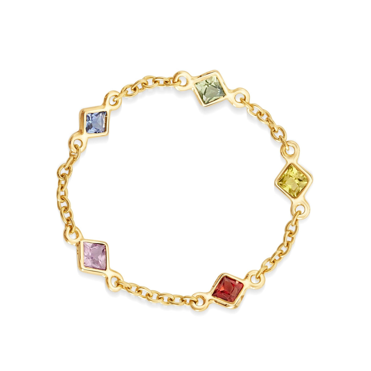 Rainbow Sapphire 5 Stone Chain Ring 14k gold Stackable ring top view