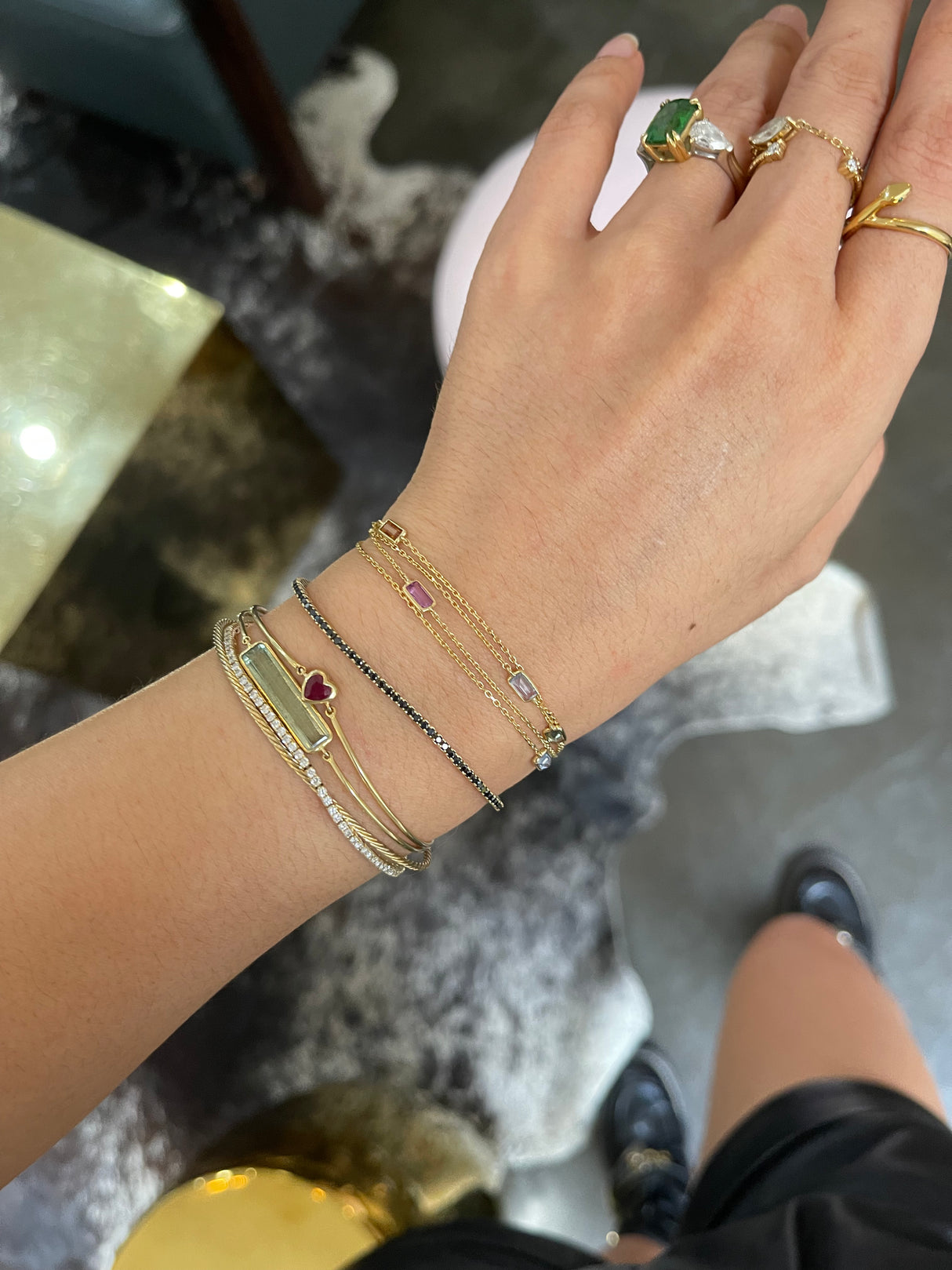 Rainbow Sapphire Candy Necklace 18k gold handmade fine jewelry on model 2