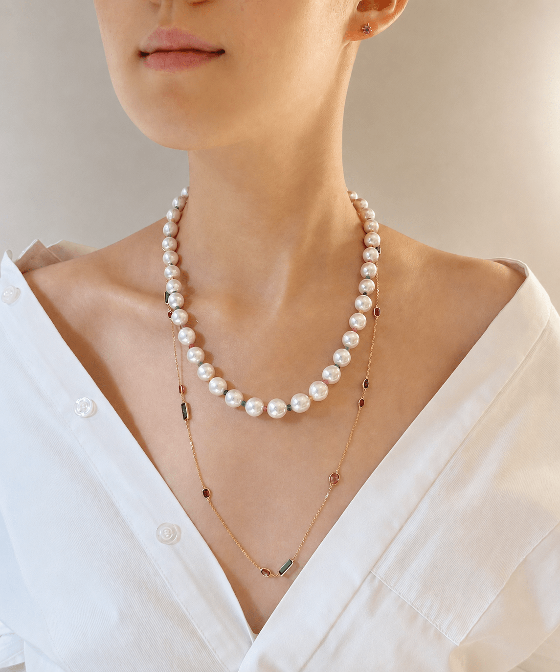 Rainbow Sapphire & Emerald Candy Pearl Necklace 18K gold handmade fine jewelry on model