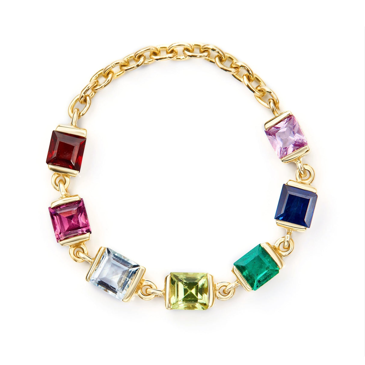 Rainbow Stones Chain Ring 14k gold Stackable ring top view