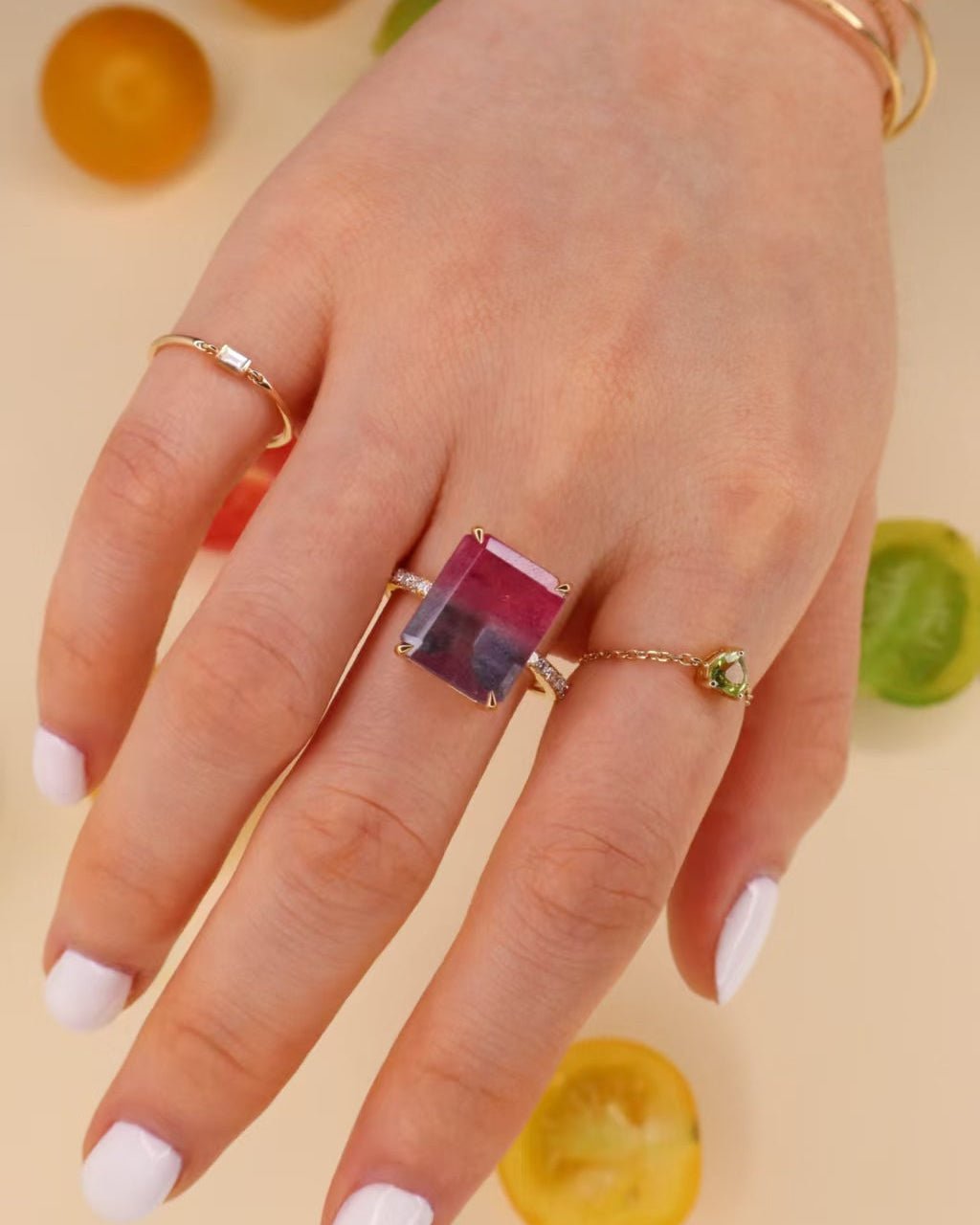 Raspberry_Watermelon_Supreme_Tourmaline_Bar_Ring_18K_gold_engagement_ring_on_model_2