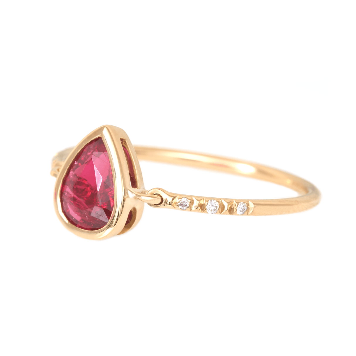 Red Spinel Pear Petite Circle Diamond Ring 18k gold Stackable ring side view