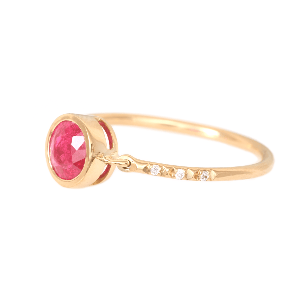 Red Spinel Petite Circle Diamond Ring 18k gold Stackable ring side view
