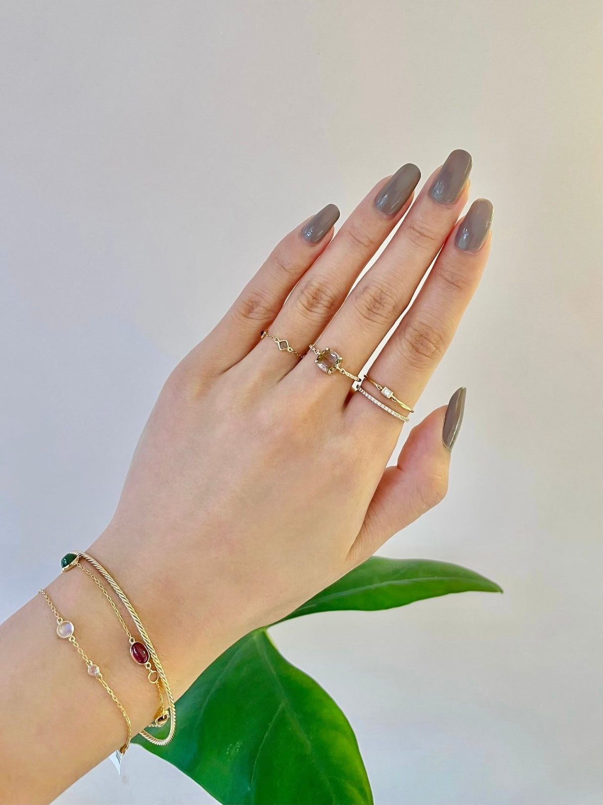 Rose Cut Tourmaline Petite Diamond Ring 14k gold stackable ring on model 2