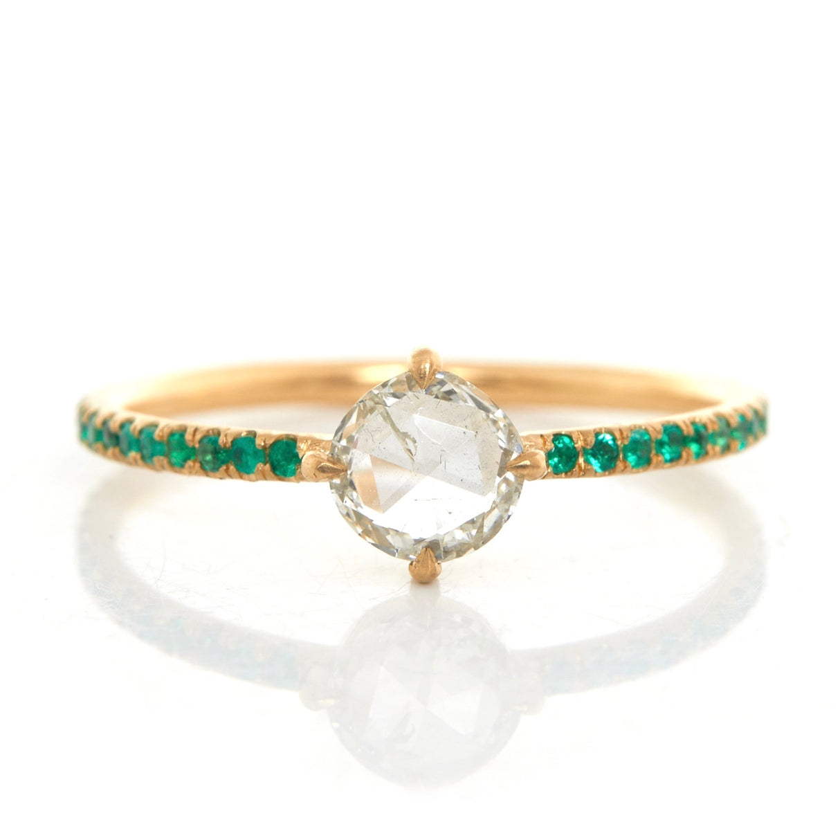 Round Rose Cut Diamond & Emerald Disco Ring 18k gold engagement ring