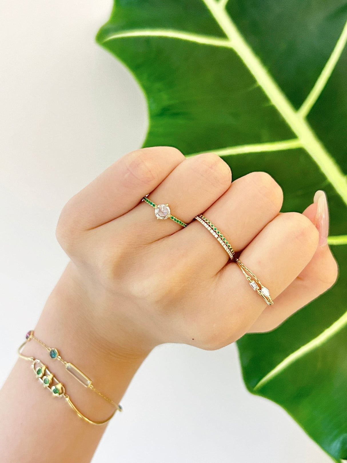 Round Rose Cut Diamond & Emerald Disco Ring 18k gold engagement ring on model