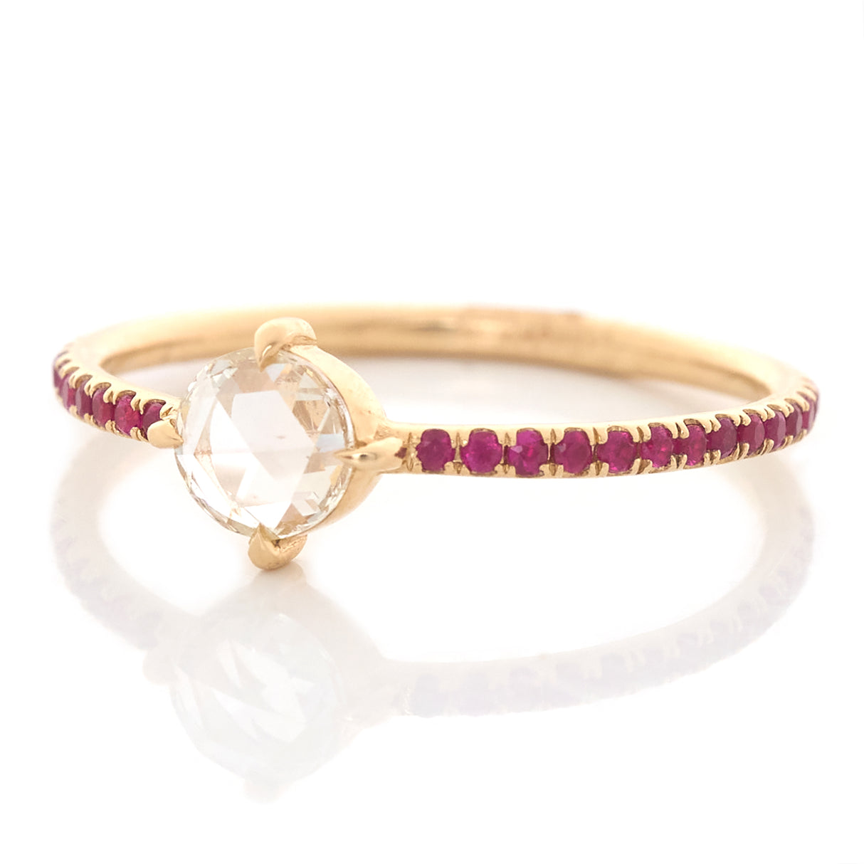 Round Rose Cut Diamond & Ruby Disco Ring 18k gold engagement ring side view