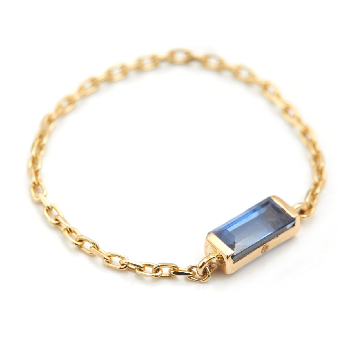 Royal Blue Sapphire Baguette Chain Ring 14k gold Stackable ring side view