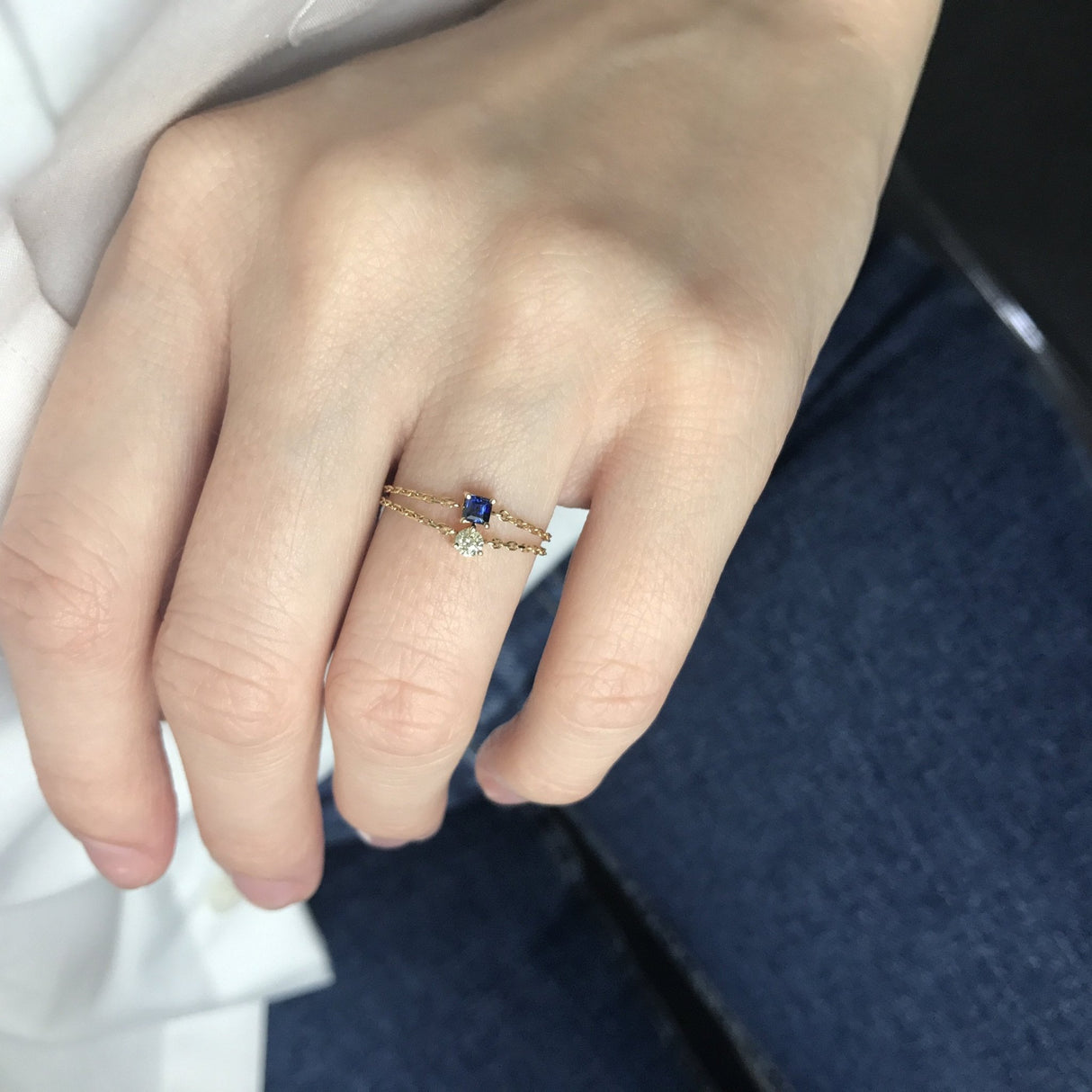 Royal Blue Sapphire Chain Ring 14k gold Stackable ring on model