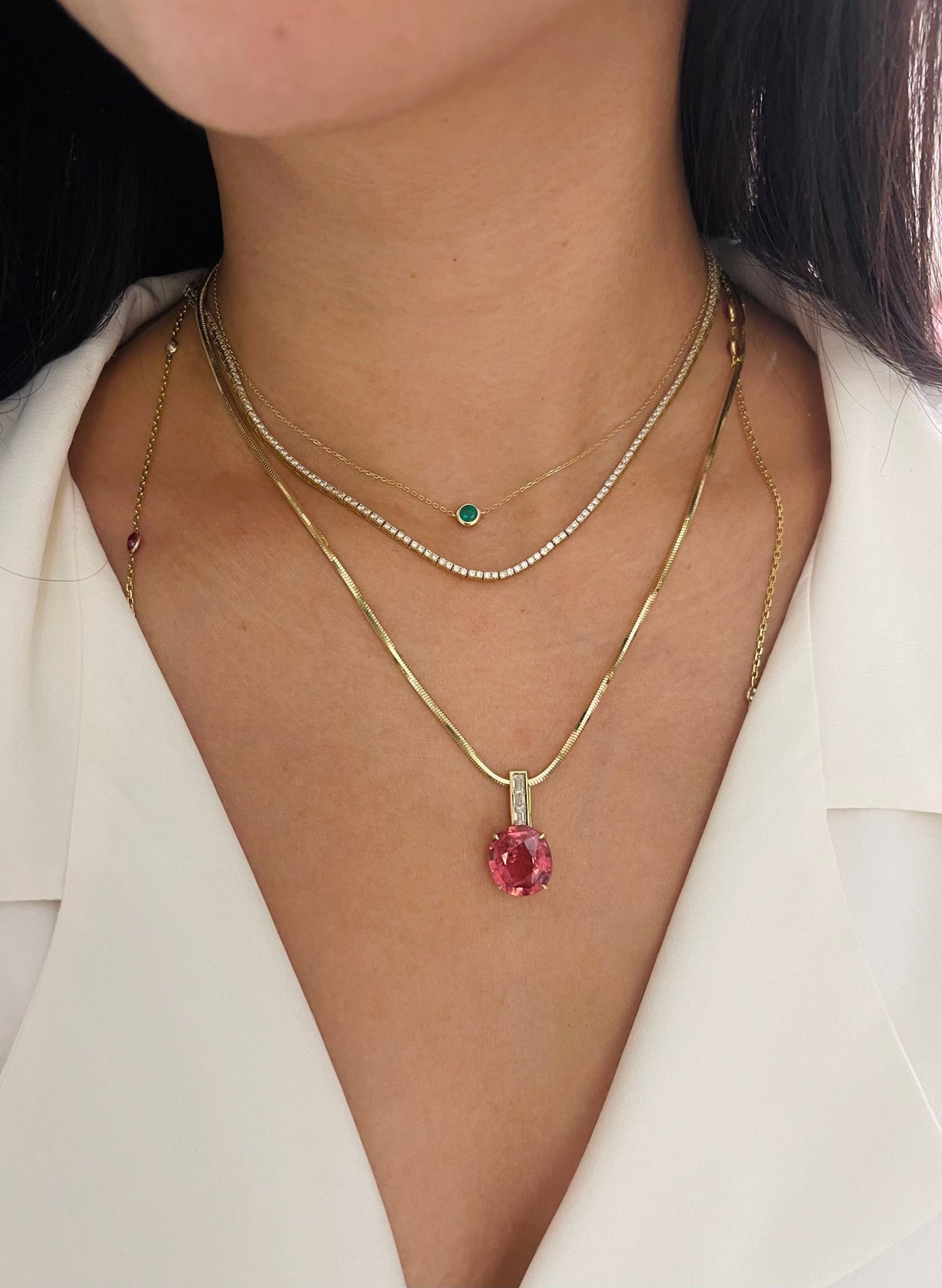 Rubellite & Diamond Supreme Pendant Necklace 18k gold handmade fine jewelry on model 2