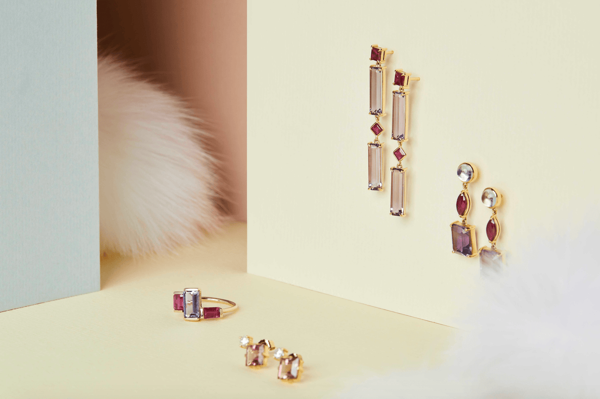 Ruby & Amethyst Cascade Bar Earrings