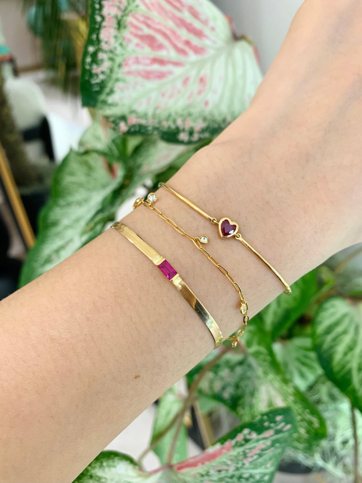 Ruby Bar Herringbone Bracelet 18k gold stackable design on model