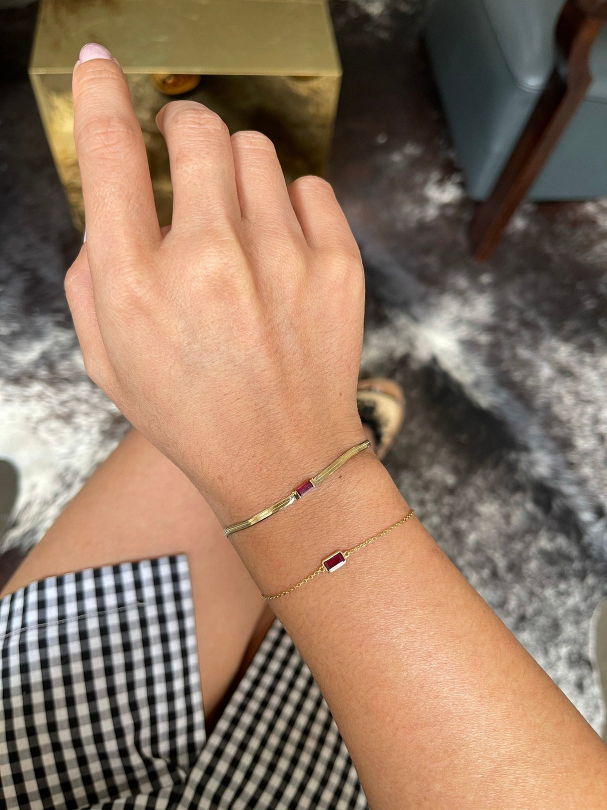 Ruby Bar Herringbone Bracelet 18k gold stackable design on model 2