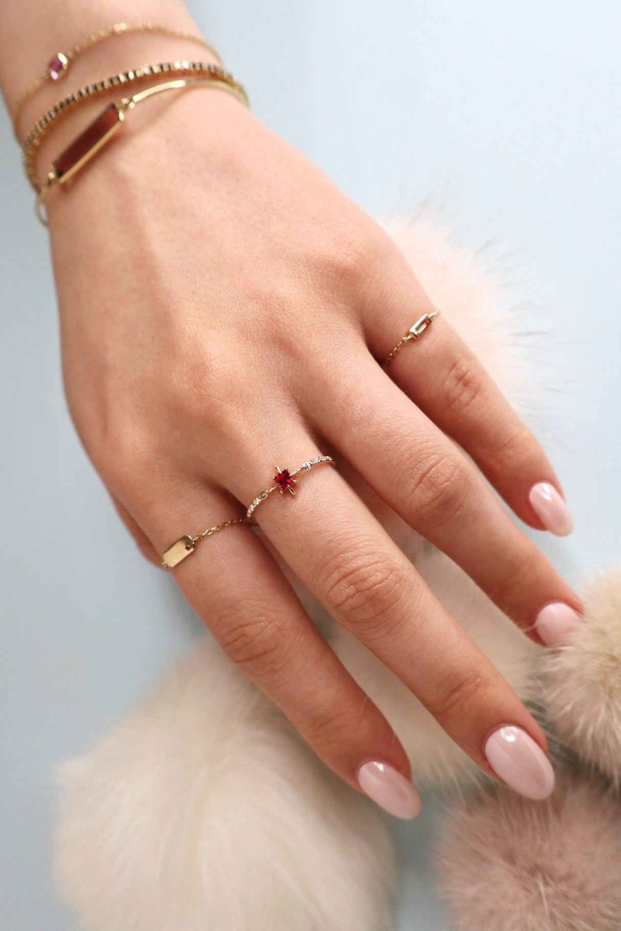 Ruby Birthstone Petite Circle Diamond Ring 14k gold stackable ring on model