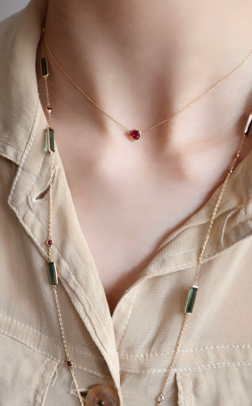 Ruby Button Necklace 18K gold handmade fine jewelry on model 1